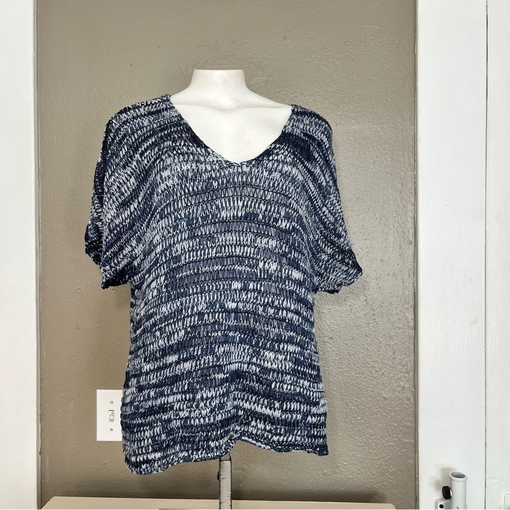 Eileen Fisher Open Knit Blue White Short Sleeve Top Size L Cotton Blend - Picture 14 of 15